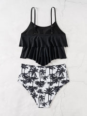 Black Big Ruffle Two Piece Suspender Swimsuit