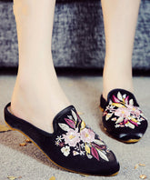 Black Embroidered Cotton Fabric Pointed Toe Slide Sandals