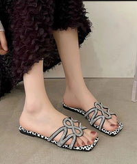 Black Zircon Splicing Flats Slide Sandals Peep Toe