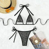 Black Shiny Triangle Swimwear Halter String Bikini Set