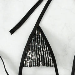 Black Shiny Triangle Swimwear Halter String Bikini Set