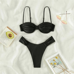Black Thong Micro Bikini Push Up Swimsuit Underwired Solid Ladies Swimwear Bikinis Sets