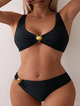 Black Two Piece Swimsuit Metal Shell Decoration Bikini V-neck Push Up Bra High Waist Beach Vacation Swimwear New