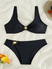 Black Two Piece Swimsuit Metal Shell Decoration Bikini V-neck Push Up Bra High Waist Beach Vacation Swimwear New