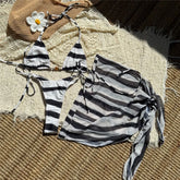 Black White Patchwork Swimwear Halter String Triangle 3 Piece Bikini Set