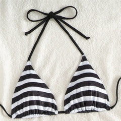 Black White Striped Print Swimwear Short Bottom Halter String Triangle 3 Piece Bikinis Sets