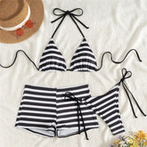 Black White Striped Print Swimwear Short Bottom Halter String Triangle 3 Piece Bikinis Sets