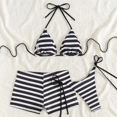 Black White Striped Print Swimwear Short Bottom Halter String Triangle 3 Piece Bikinis Sets