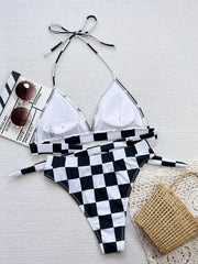 Black and White Checkered Print 2-piece Swimsuit Bikini Set