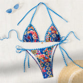 Blue Floral Print Triangle Mini Bikinis Sets