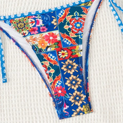 Blue Floral Print Triangle Mini Bikinis Sets
