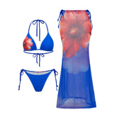 Blue Flower Print Swimwear Halter String Triangle 3 Piece Bikinis Sets