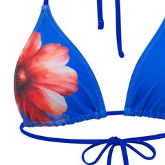 Blue Flower Print Swimwear Halter String Triangle 3 Piece Bikinis Sets