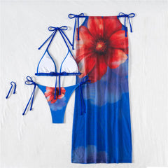 Blue Flower Print Swimwear Halter String Triangle 3 Piece Bikinis Sets