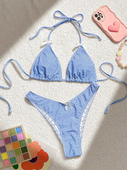 Blue Plaid Print Two Piece Swimsuit