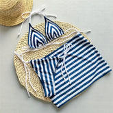 Blue Striped Print String Halter Micro Bikini Thong Swimsuit Cover Ups Beach Wear Bikinis Sets