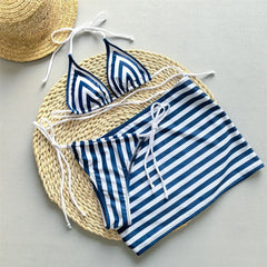 Blue Striped Print String Halter Micro Bikini Thong Swimsuit Cover Ups Beach Wear Bikinis Sets