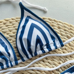 Blue Striped Print String Halter Micro Bikini Thong Swimsuit Cover Ups Beach Wear Bikinis Sets