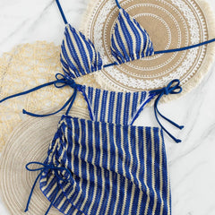 Boho Stripe Knit 3 Piece Bathing Suit Halter Triangle Bikini Tie Side Drawstring Ruched Crochet Skirt Pool Vacation Swimwear