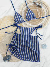 Boho Stripe Knit 3 Piece Bathing Suit Halter Triangle Bikini Tie Side Drawstring Ruched Crochet Skirt Pool Vacation Swimwear