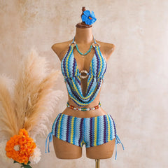 Boho Zigzag Striped Two Piece Bathing Suit Wavy Knit Texture Front Metal Circle Cutout Halter Bikini Tie Boyshort Pool Swimwear