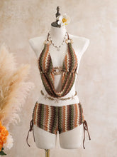 Boho Zigzag Striped Two Piece Bathing Suit Wavy Knit Texture Front Metal Circle Cutout Halter Bikini Tie Boyshort Pool Swimwear