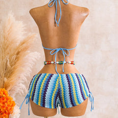 Boho Zigzag Striped Two Piece Bathing Suit Wavy Knit Texture Front Metal Circle Cutout Halter Bikini Tie Boyshort Pool Swimwear