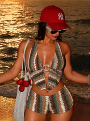 Boho Zigzag Striped Two Piece Bathing Suit Wavy Knit Texture Front Metal Circle Cutout Halter Bikini Tie Boyshort Pool Swimwear