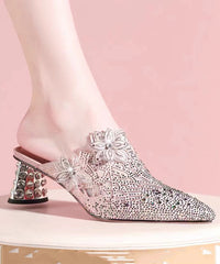 Boutique Zircon Splicing Chunky Heel Pointed Toe Pink Sheepskin Slide Sandals