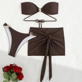 Brown Bandeau Bikinis De Mujer Swimsuit Cover Ups Metal Ring Swimwear Beach Wear Mini Skirts 3 Bikini Piece Set