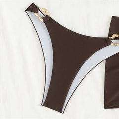 Brown Bandeau Bikinis De Mujer Swimsuit Cover Ups Metal Ring Swimwear Beach Wear Mini Skirts 3 Bikini Piece Set