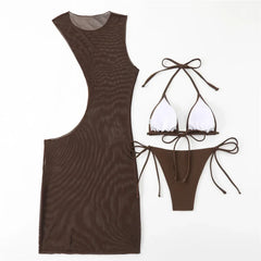 Brown Mesh Cover Ups Swimwear 3 Piece Bikinis Sets