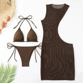 Brown Mesh Cover Ups Swimwear 3 Piece Bikinis Sets