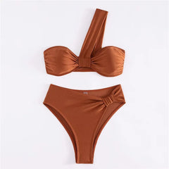 Brown One Shoulder Bikini High Waist Swimsuit Solid Swimwears Bathing Suit Bandeau Bikinis Sets