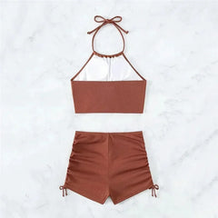 Brown Ribbed Swimwear Shorts Swimsuits Halter Bikinis Sets