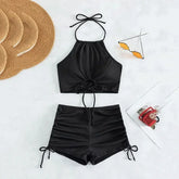 Brown Ribbed Swimwear Shorts Swimsuits Halter Bikinis Sets