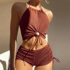 Brown Ribbed Swimwear Shorts Swimsuits Halter Bikinis Sets