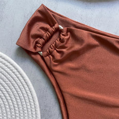 Brown Shiny U Shaped Bikini High Waist Swimsuit Wrinkled Solid Swimwears Bathing Suit Bandeau Bikinis Sets