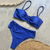 Brown Shiny U Shaped Bikini High Waist Swimsuit Wrinkled Solid Swimwears Bathing Suit Bandeau Bikinis Sets