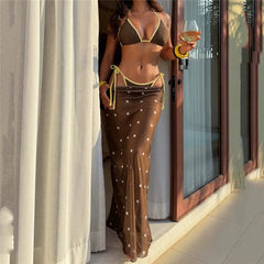 Brown Skirts Swimwear Halter String Triangle 3 Piece Bikinis Sets