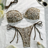 Brown Striped Crochet Bandeau Bikini Micro Thong Swimsuit Metal Ring Swimwear Bikinis Sets