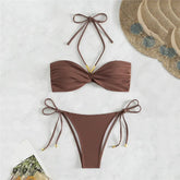 Brown Swimwear String Halter Bandeau Bikinis Sets