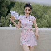 Chinese Style 2 Piece Swimsuit Pink Floral Print Drawsting Slim Dress High Waist Panties Swimwear Beach Bathing Suits 2025