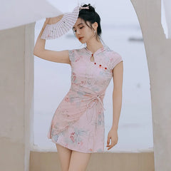 Chinese Style 2 Piece Swimsuit Pink Floral Print Drawsting Slim Dress High Waist Panties Swimwear Beach Bathing Suits 2025