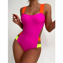 Color Block One-piece Swimsuit Neon Bandage Bikini High Waist Hollow Out Swimwear Rose Red Slim Backless Monokini
