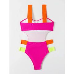 Color Block One-piece Swimsuit Neon Bandage Bikini High Waist Hollow Out Swimwear Rose Red Slim Backless Monokini