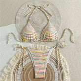 Color Striped Halter String Triangle Micro Bikini Thong Woman Swimsuit Cute Swimwears Bathing Suit Bikinis Sets