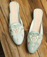 Comfy Light Green Embroidered Pearl Cotton Fabric Slide Sandals