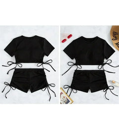 Crop Top Shorts Bottom Swimsuits Black Drawstring Swimwear Ribbed Bikinis Sets