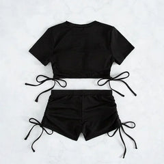 Crop Top Shorts Bottom Swimsuits Black Drawstring Swimwear Ribbed Bikinis Sets